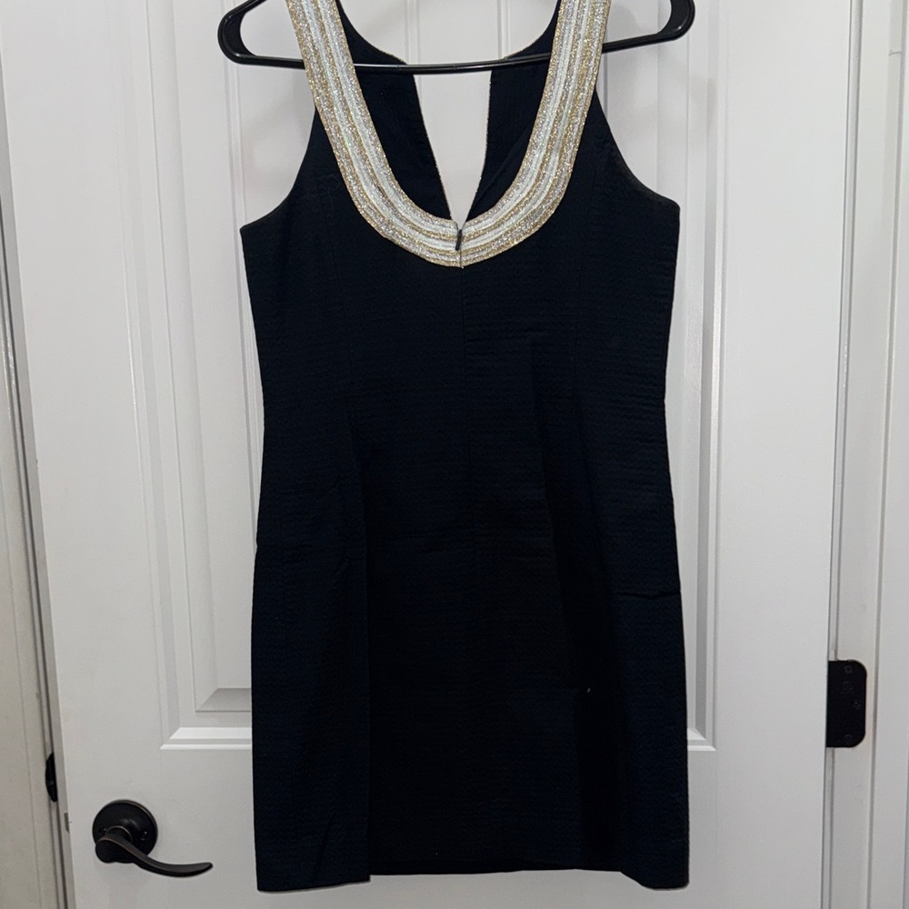 Lilly Pulitzer Sz 2 Valli Shift Dress in Onyx black with gold & silver soutache. - Picture 4 of 4